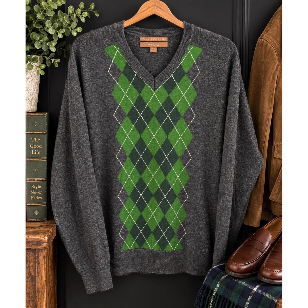 Mens Italian Merino Wool grandpa core Argyle V-Neck XL Gray Green Preppy